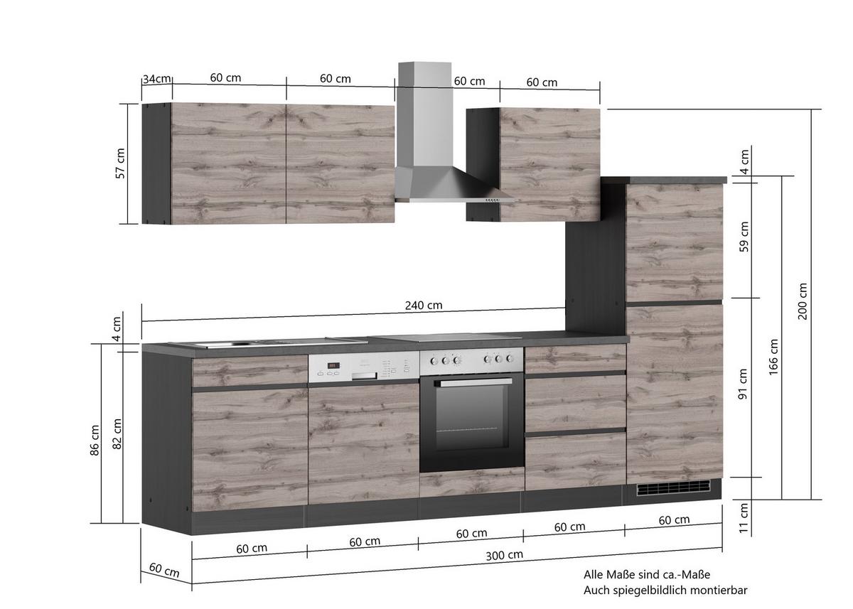 Küchenzeile Turin mit Geräten B: 300cm Grau/Wotaneiche Dekor - Eiche Wotan/Grau, Design, Holzwerkstoff (300cm) - Held