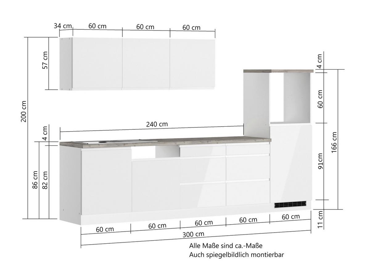 Küchenzeile Monza ohne Geräte B: 300 cm Weiß/Eiche Dekor - Weiß Hochglanz/Eiche Wotan, LIFESTYLE, Holzwerkstoff (300cm) - Held