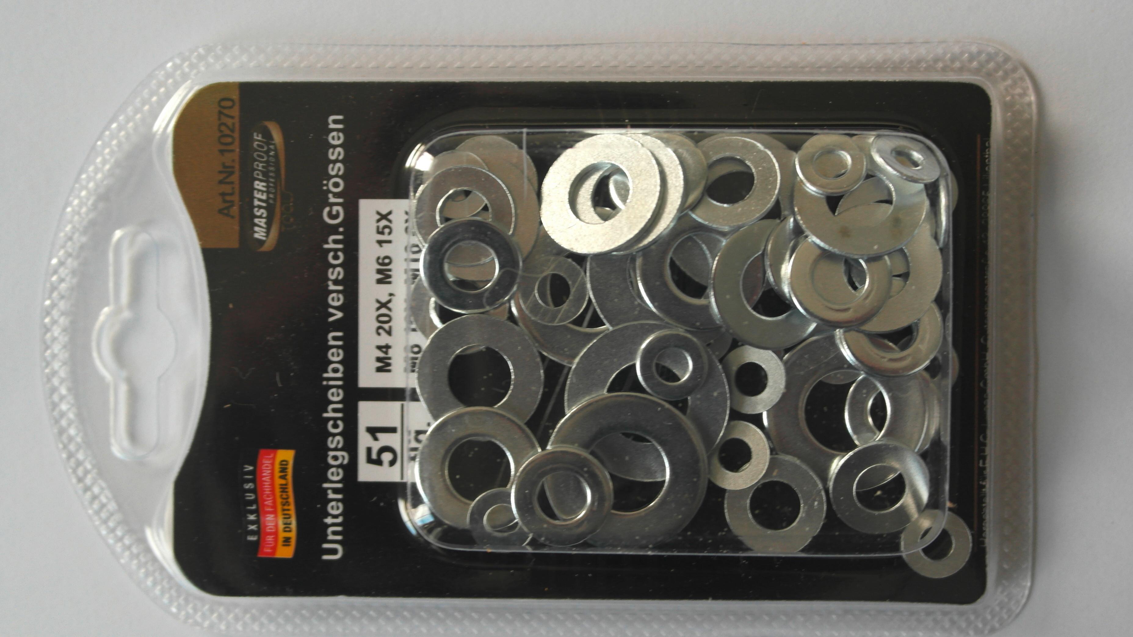 Unterlegscheiben Verschiedene Größen: M4/M6/M8/M10, 51--Teilig. - Basics, Metall (13/7,5/2cm)