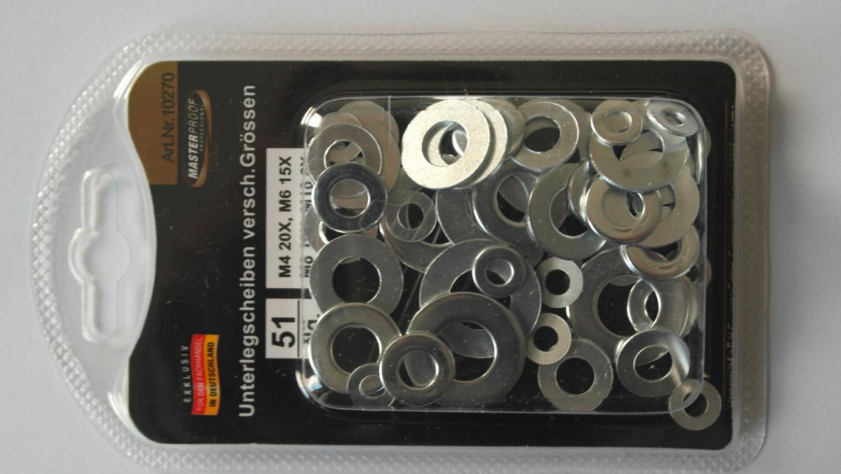 Unterlegscheiben Verschiedene Größen: M4/m6/m8/m10, 51--Teilig. - Basics, Metall (13/7,5/2cm)