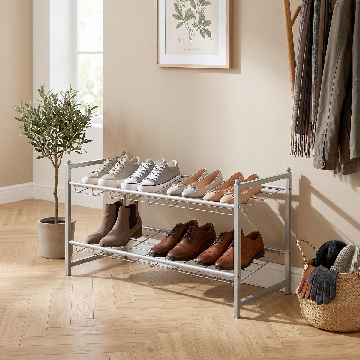 Schuhregal 2 Ablagen 8 Paar Alufarben H: 38 cm - Alufarben, Basics, Metall (80/38/30cm)