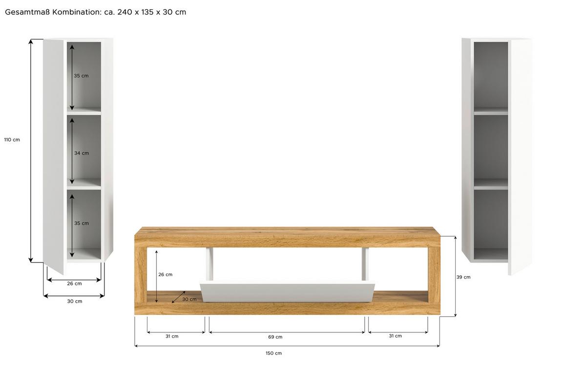Wohnwand Tango Weiß/eiche Dekor B:240cm - Eiche Wotan/Schwarz, Design, Holzwerkstoff (240/135/30cm) - MID.YOU
