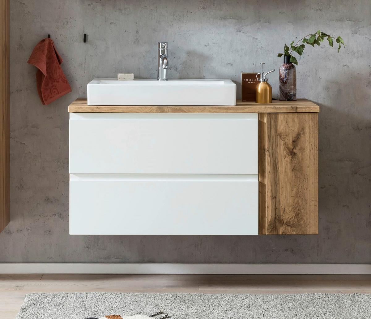 Waschbecken mit Unterschrank Varese B: 105 cm Weiß/Eiche - Eiche Wotan/Weiß, MODERN, Keramik/Holzwerkstoff (105cm) - Held