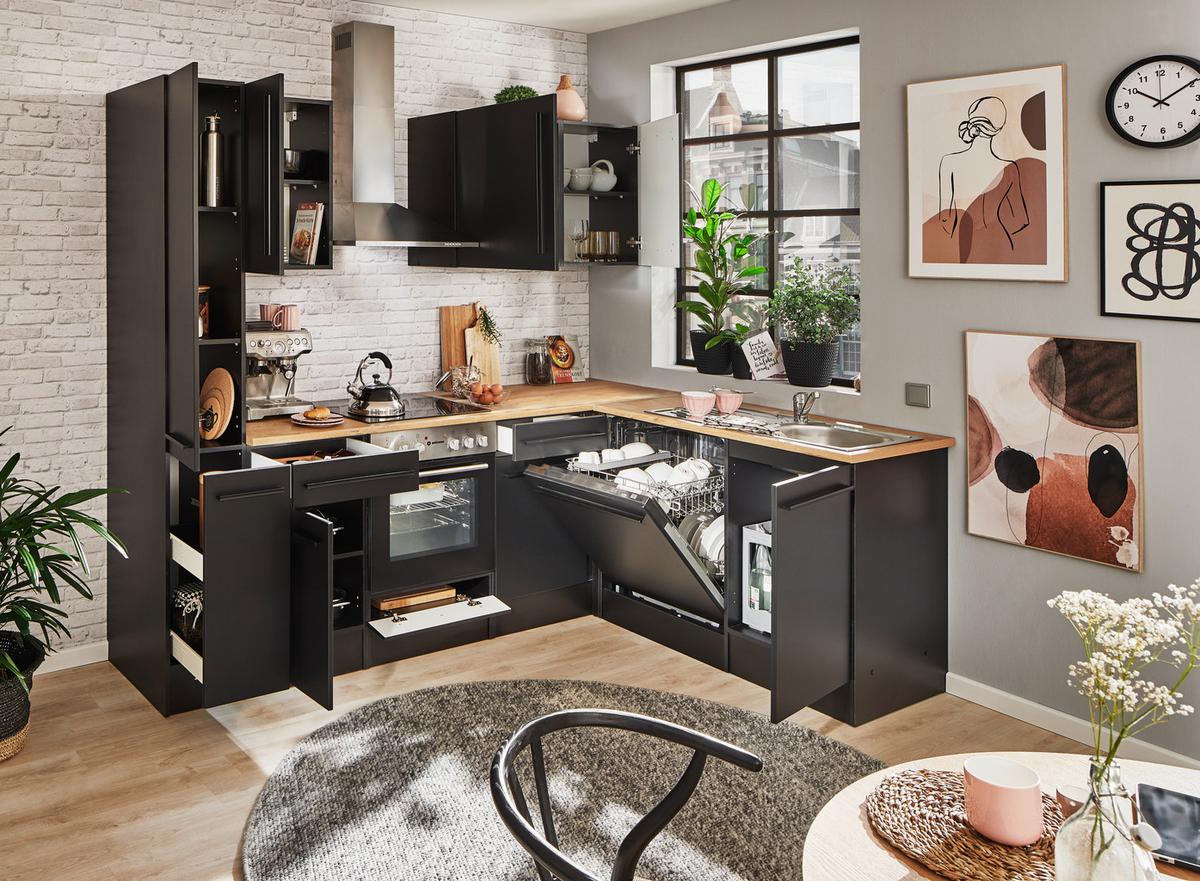 Eckküche Jazz 8 250 Schwarz S: 250x175 cm - Eichefarben/Schwarz, LIFESTYLE, Holzwerkstoff (250/175cm) - MID.YOU