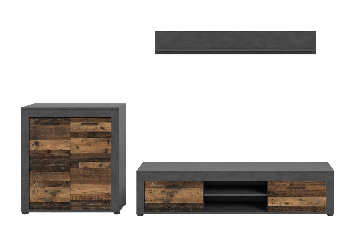 Wohnwand Jam Old Wood Grau 3-Teilig B: 255 Cm - Schwarz/Naturfarben, Design, Holzwerkstoff (255/159/35cm) - MID.YOU