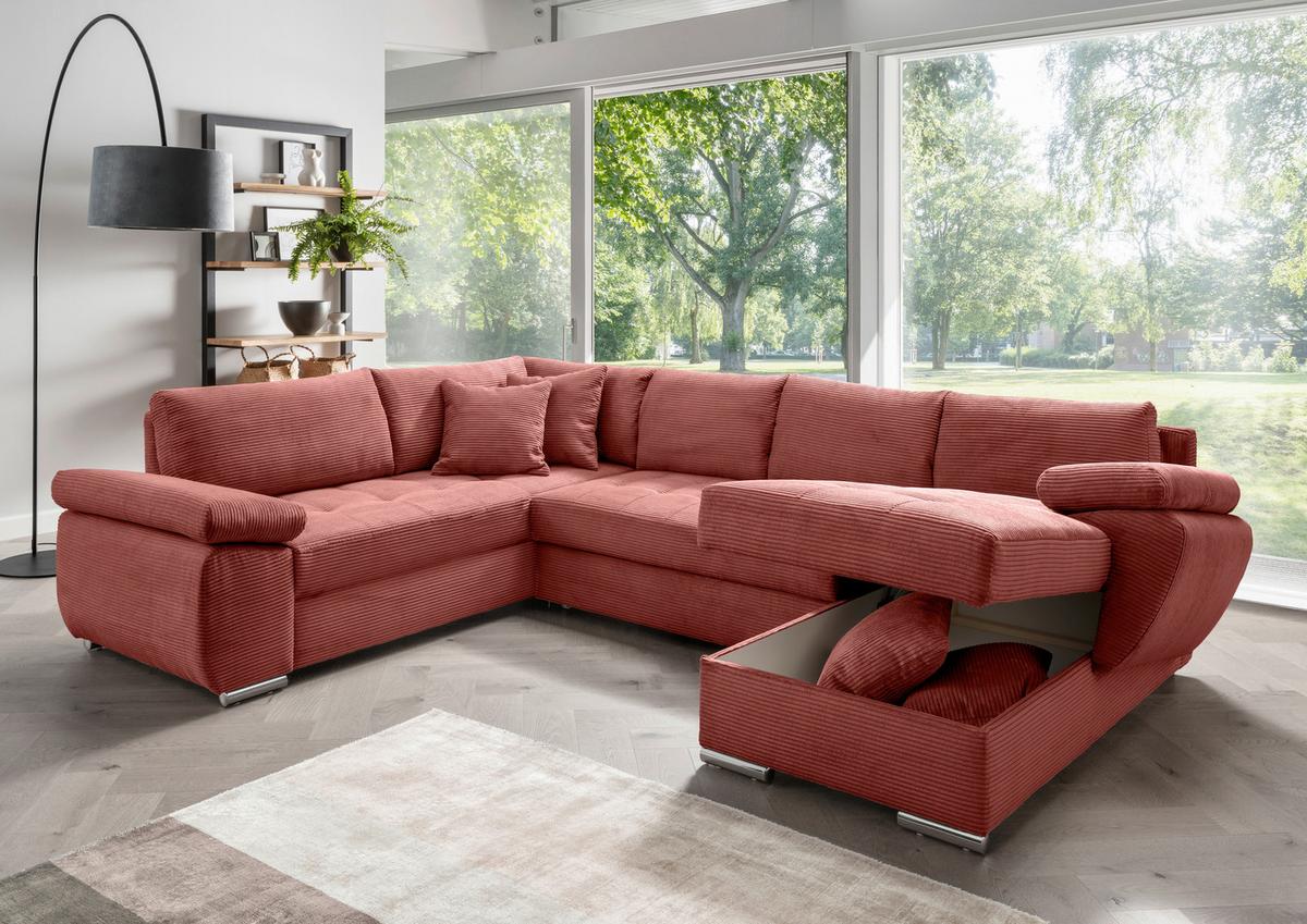 Wohnlandschaft Terana mit Schlaffunktion, Koralle - Chromfarben/Koralle, KONVENTIONELL, Textil (219/305/157cm) - Livetastic