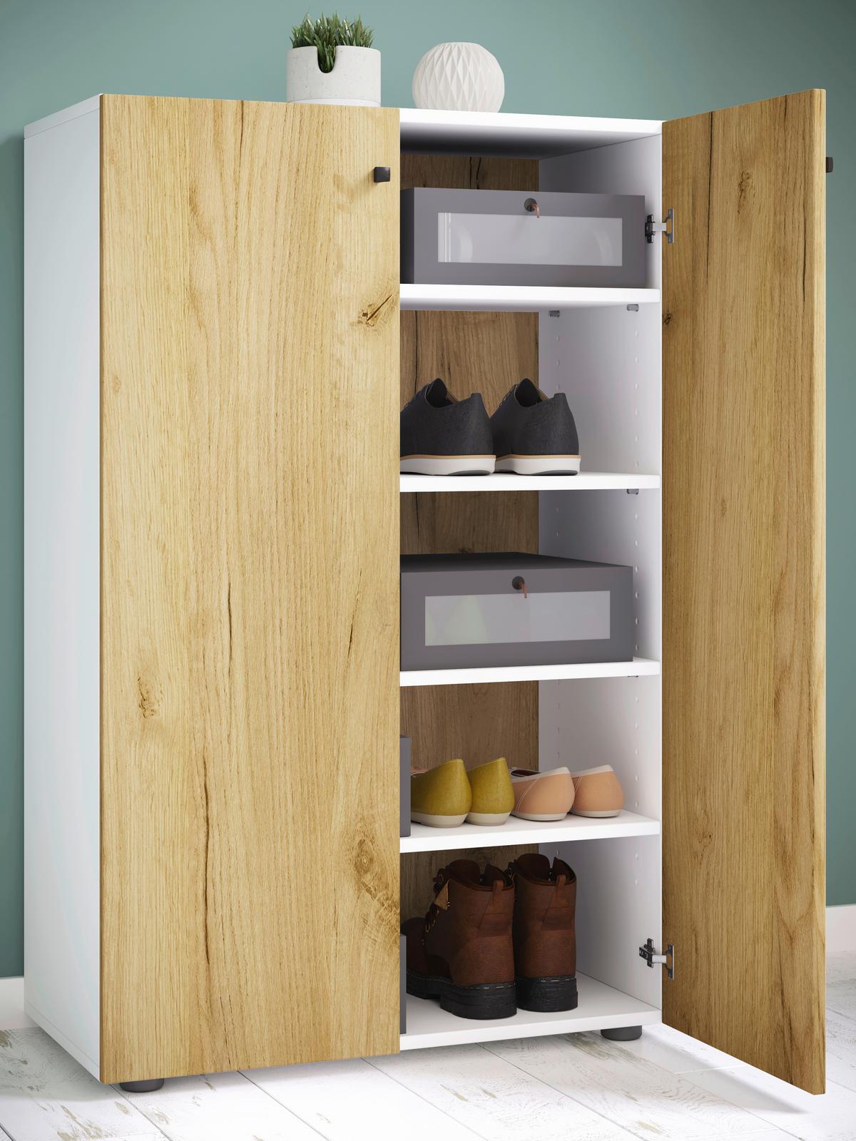 Schuhschrank Lona Weiß Honigeiche Dekor - Honigeiche/Schwarz, Design, Holzwerkstoff (70/110/39cm) - MID.YOU