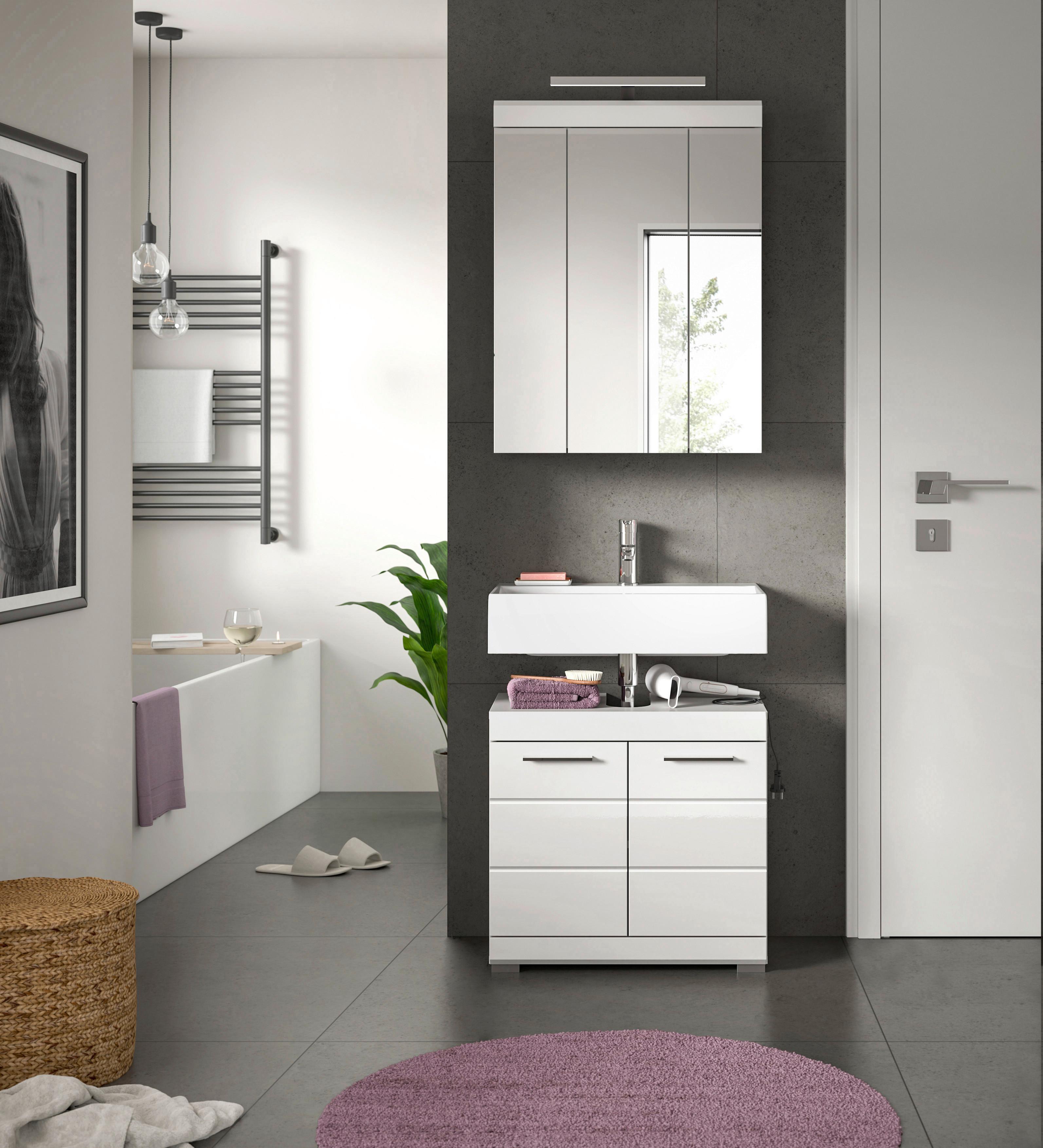 Badezimmer Scout Weiß B: 60 cm - Weiß Hochglanz/Silberfarben, MODERN, Glas/Holzwerkstoff (60cm) - MID.YOU