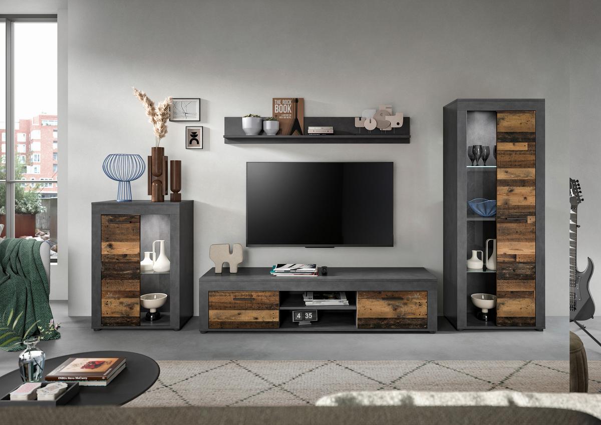 Wohnwand Jam Grau/Naturfarben B: 310 cm - Schwarz/Naturfarben, Design, Glas/Holzwerkstoff (310/169/35cm) - MID.YOU
