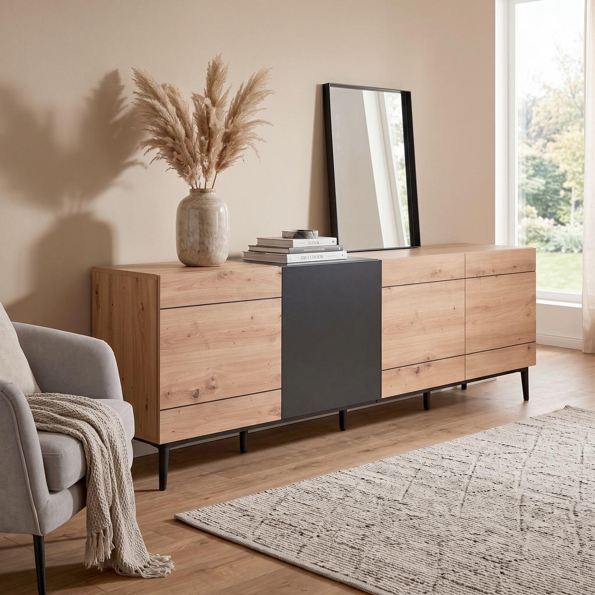 Sideboard Nola 200 cm Schwarz/Eiche Dekor - Eichefarben/Schwarz, KONVENTIONELL, Holzwerkstoff (200/65/42cm) - MID.YOU