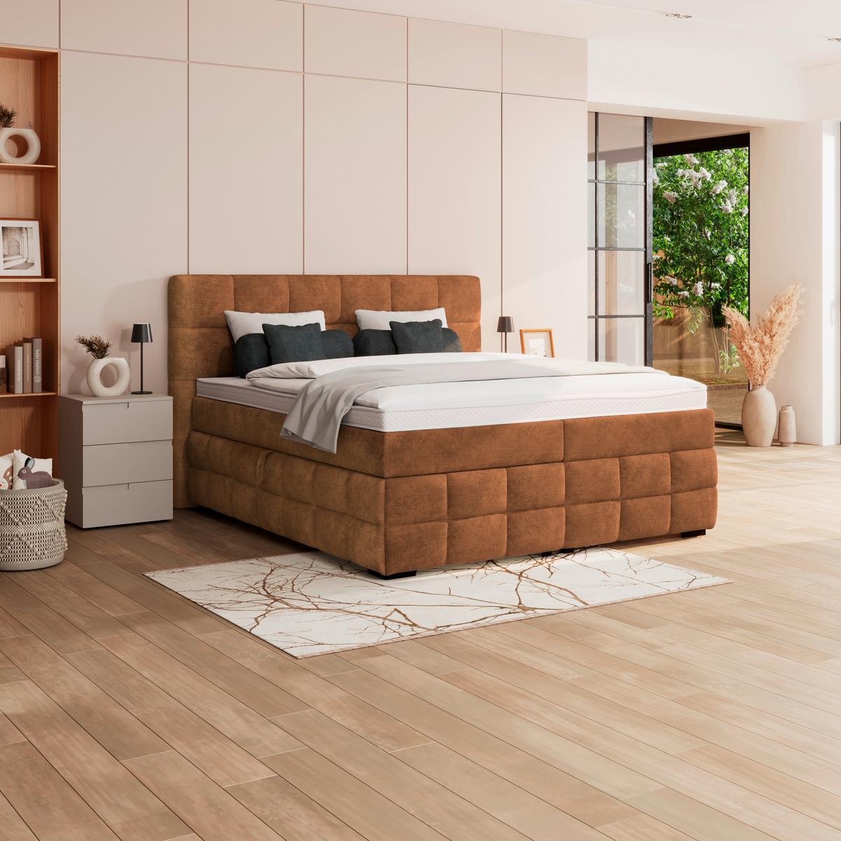 Čalúnená posteľ VEGA 180x200 cm, hrdzavá - čierna/hrdzavá, Trend, drevo/textil (180/200cm)