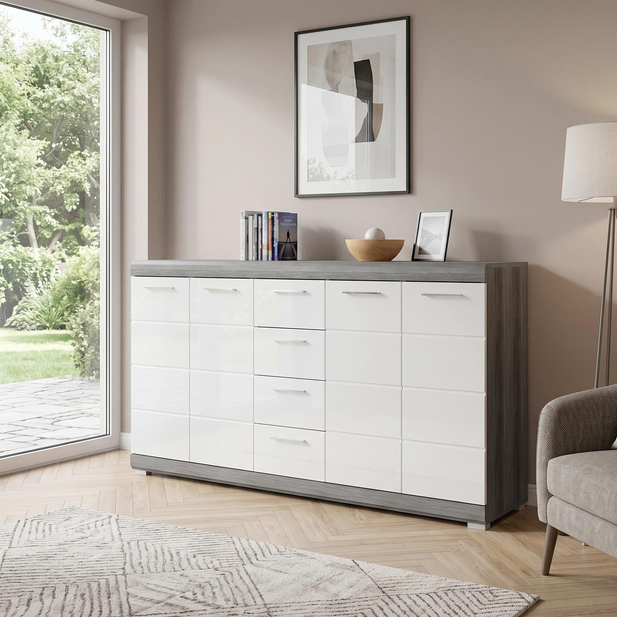 Komoda, š: 165 cm - biela s vysokým leskom/chrómová, Design, kompozitné drevo/plast (165/85/37cm) - MID.YOU
