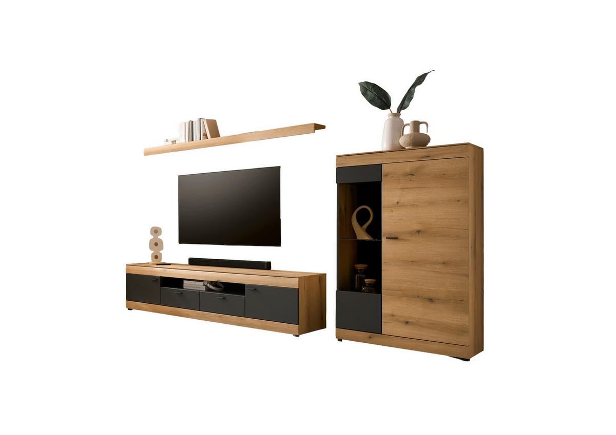 Wohnwand Soleto Graphit/Eichefarben B: 300cm - Eichefarben/Schwarz, Design, Glas/Holzwerkstoff (300/170/45cm) - MID.YOU