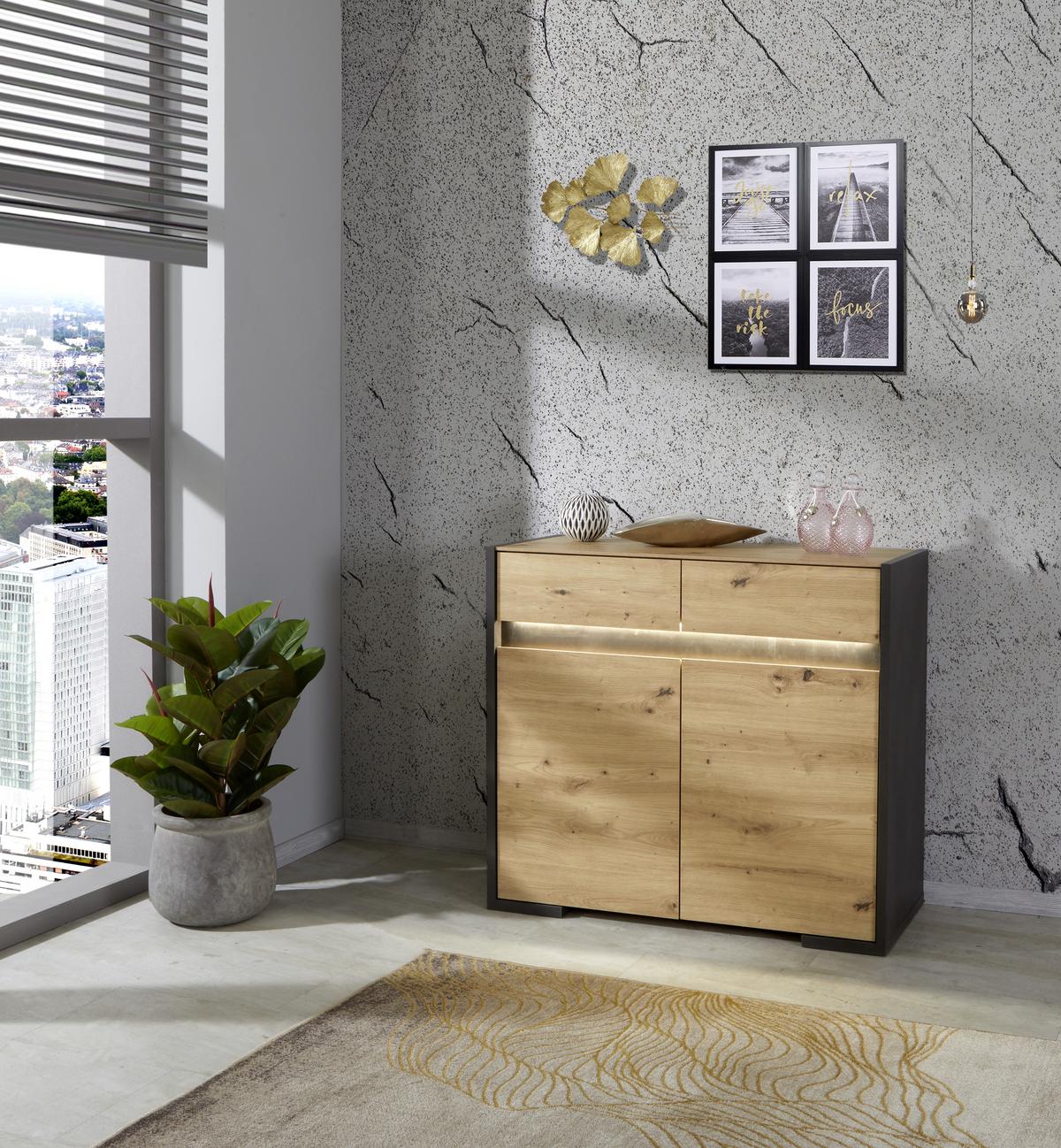 Kommode Inkl. Led, B 95,5cm Salerno, Eiche Dekor - Eichefarben/Grau, MODERN, Holzwerkstoff (95,5/86/40,1cm)