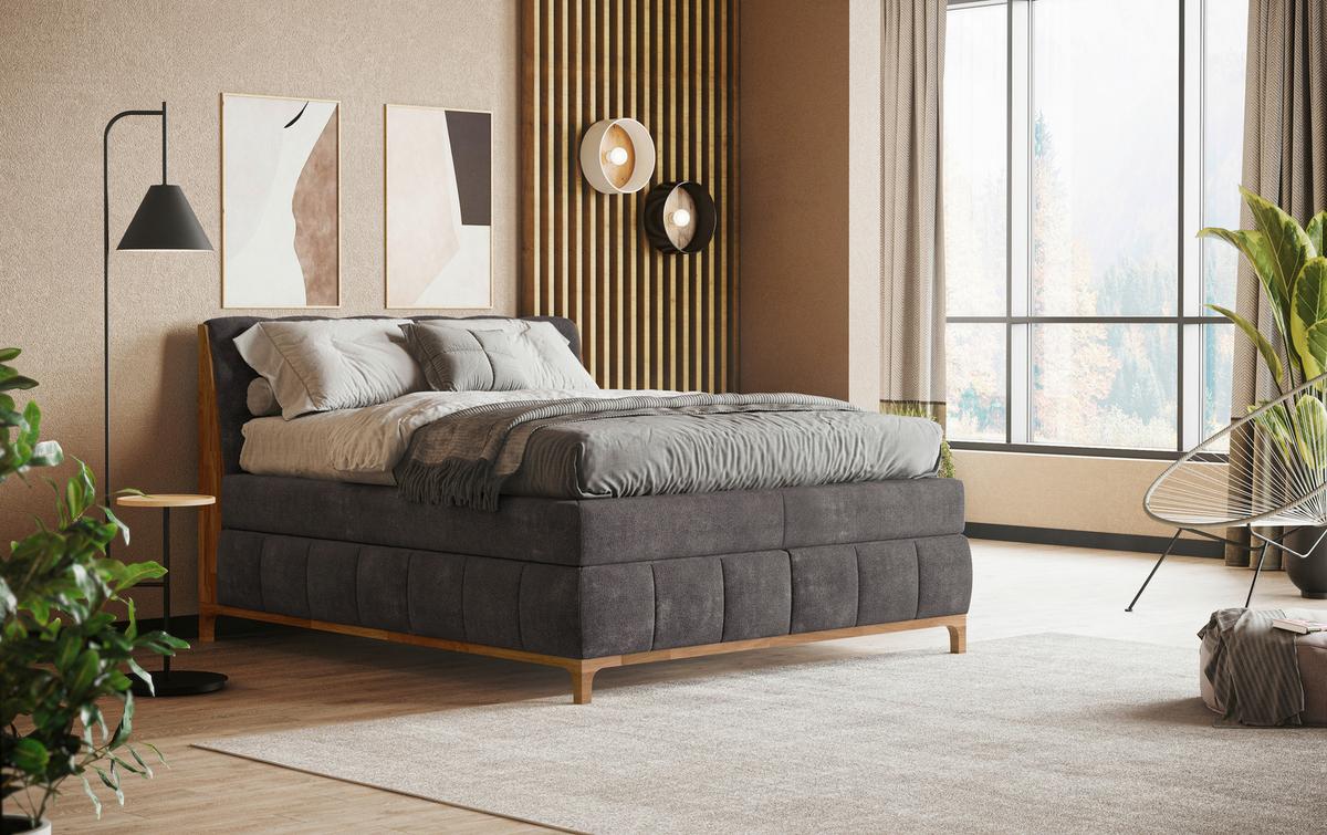 Boxspringbett Moon Mit Topper 180x200 Cm - Dunkelgrau/Eichefarben, MODERN, Holz/Holzwerkstoff (180/200cm) - MID.YOU