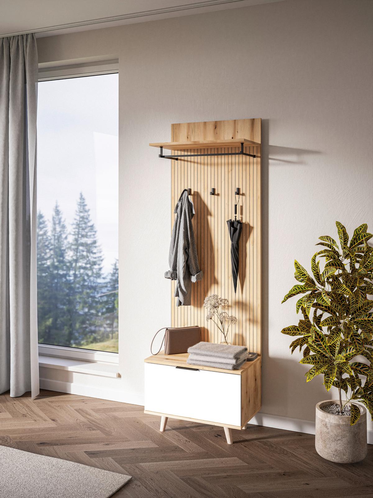 Šatna NORDIC D - bílá/barvy dubu, Design, kompozitní dřevo (65/204/40cm) - MID.YOU