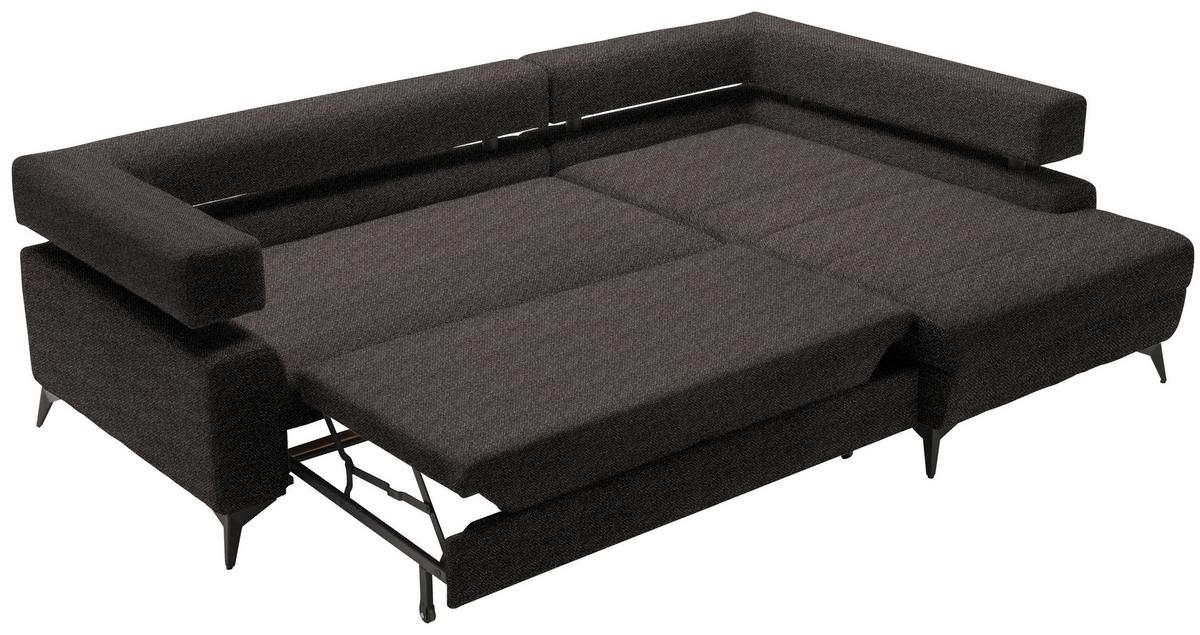 Rohová sedačka ROSALIE, pravá s úložným prostorem a lůžkem - tmavě hnědá/černá, Konvenční, kov/textil (265/184cm)