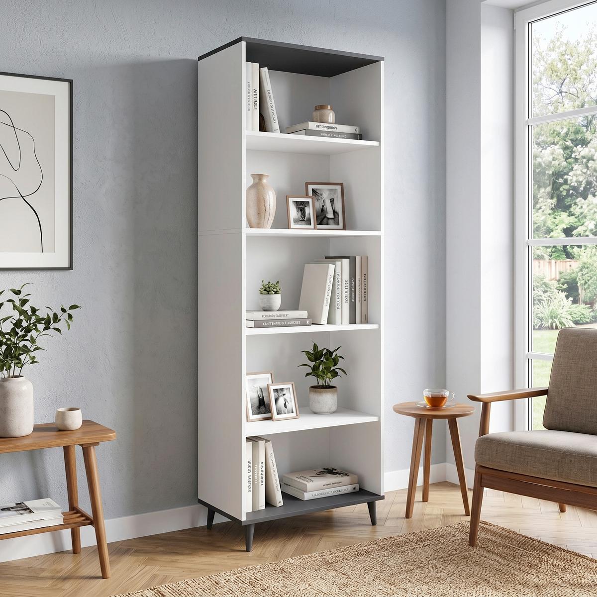 Regál LANDOS - biela/antracitová, Modern, kompozitné drevo (60/184/31cm) - MID.YOU