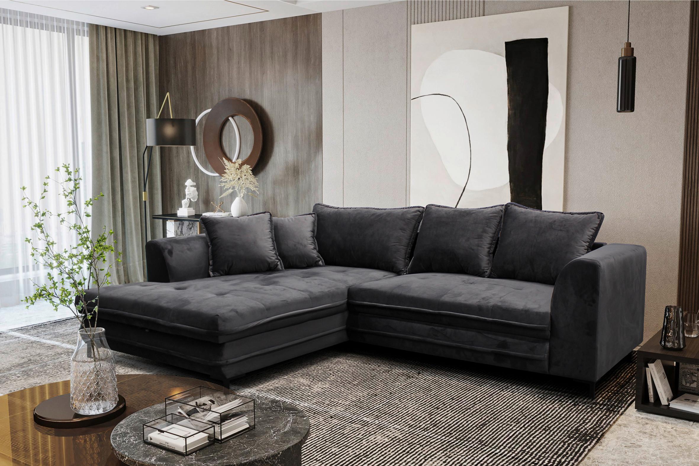 Ecksofa mit Schlaffunktion Bello mit Kissen Grau - Schwarz/Grau, Design, Textil (187/277cm) - Livetastic