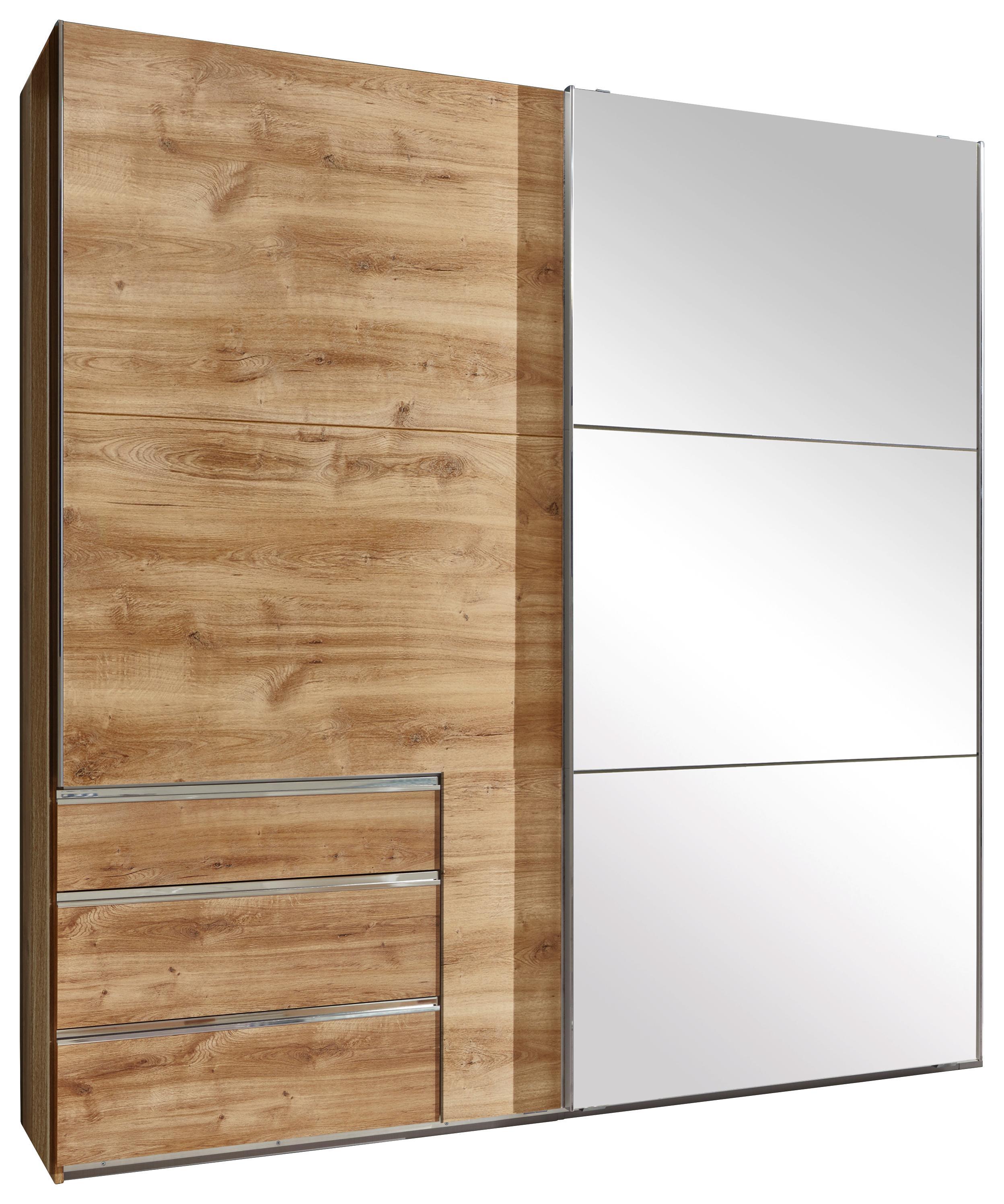 Schwebetürenschrank Level 36a B:200cm Eiche Dekor/ Spiegel - Eichefarben/Weiß, MODERN, Glas/Holzwerkstoff (200/216/65cm)