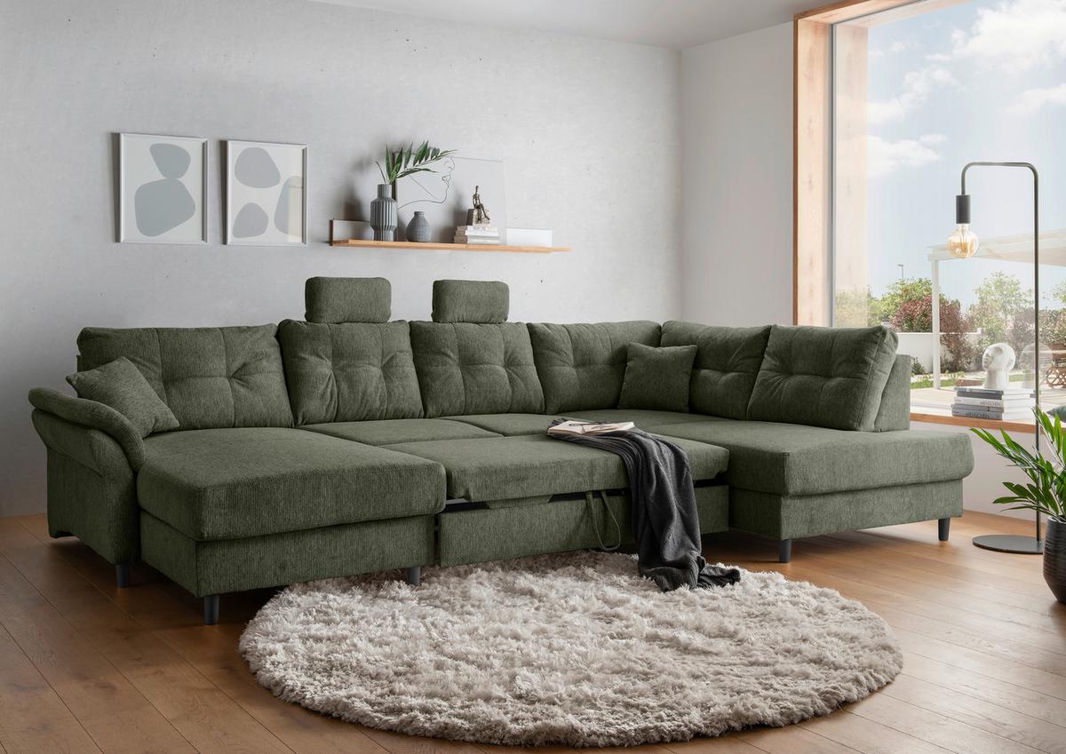 Wohnlandschaft Brizzini Dunkelgrün U: 176x338x206 Cm - Dunkelgrün/Schwarz, MODERN, Textil (176/338/206cm) - Livetastic