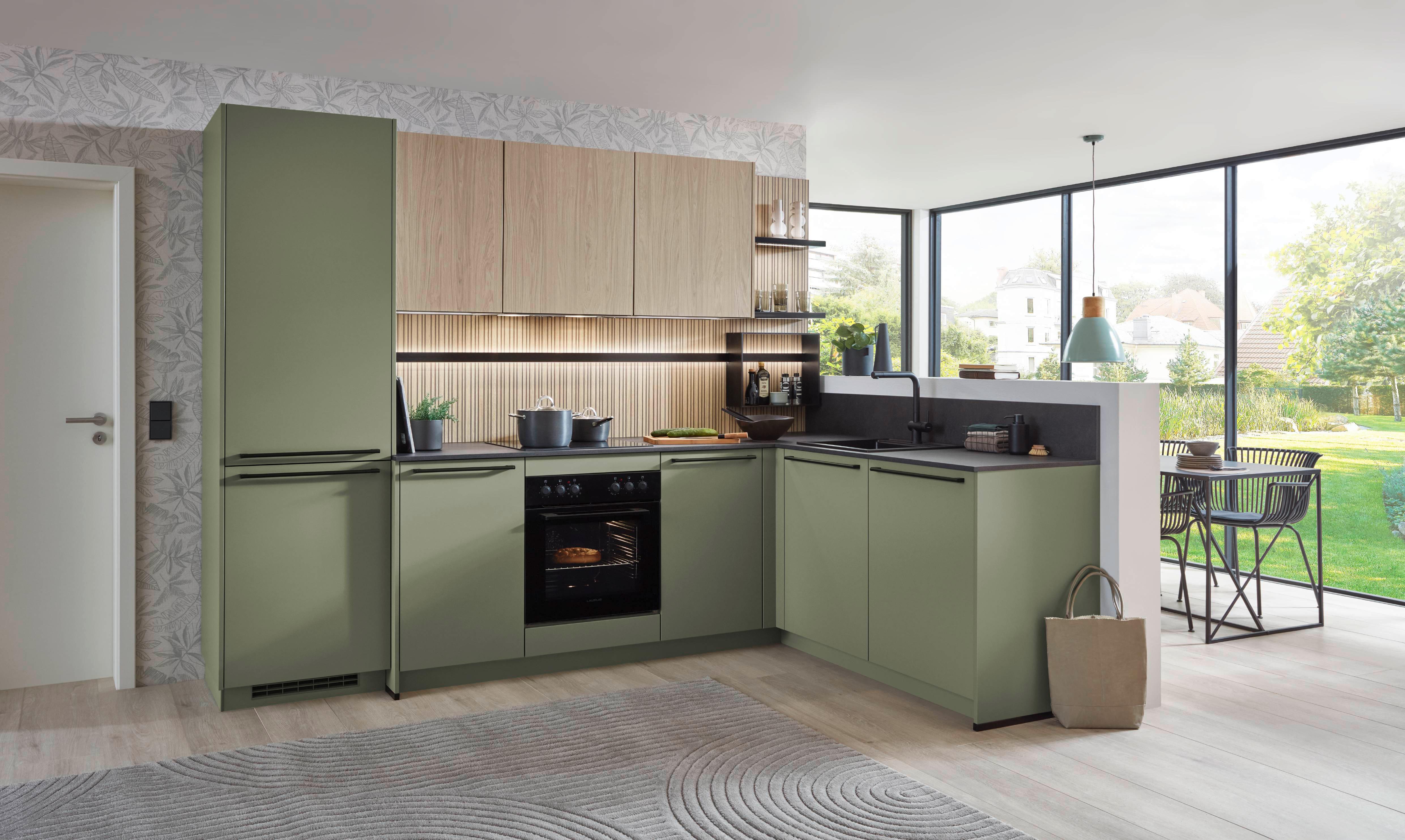 Eckküche Sidney/Singapur - Eichefarben/Schwarz, Design, Holzwerkstoff (288/191,6cm)