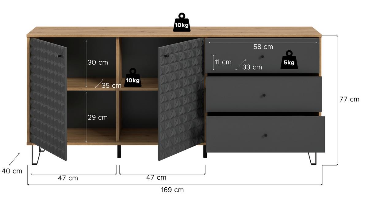 Sideboard Prisma Anthrazit/eiche B: 170 Cm - Anthrazit/Schwarz, Design, Holzwerkstoff (170/76/40cm) - Livetastic