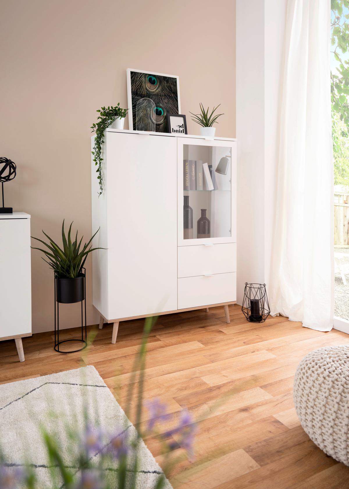 Highboard Mit Glaselementen B 100cm Göteborg, Weiß - Eichefarben/Weiß, KONVENTIONELL, Glas/Holzwerkstoff (100/140/40cm) - MID.YOU