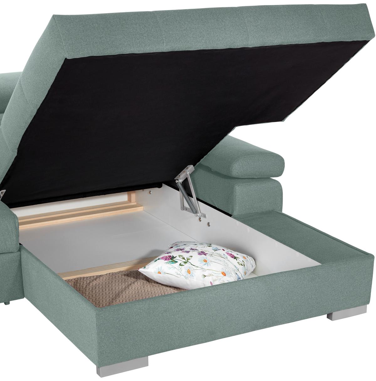 Ecksofa Mit Bettkasten Perry Grün 292x183 Cm - Silberfarben/Grün, Design, Textil (292/183cm) - Livetastic
