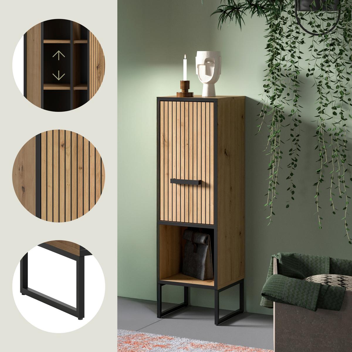 Midischrank Bagno Schwarz /Eiche Artisan Dekor B: 30cm - Schwarz/Eiche Artisan, Trend, Holzwerkstoff (30/101/32cm) - MID.YOU