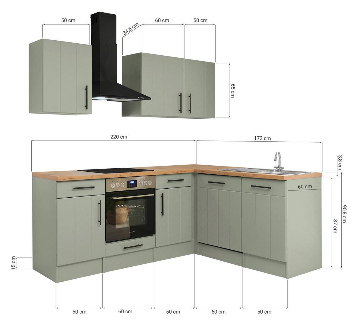Eckküche Anton Wildeiche/Schilfgrün B: 220cm - Schilfgrün/Wildeiche, Trend, Holzwerkstoff (220/172cm) - Respekta