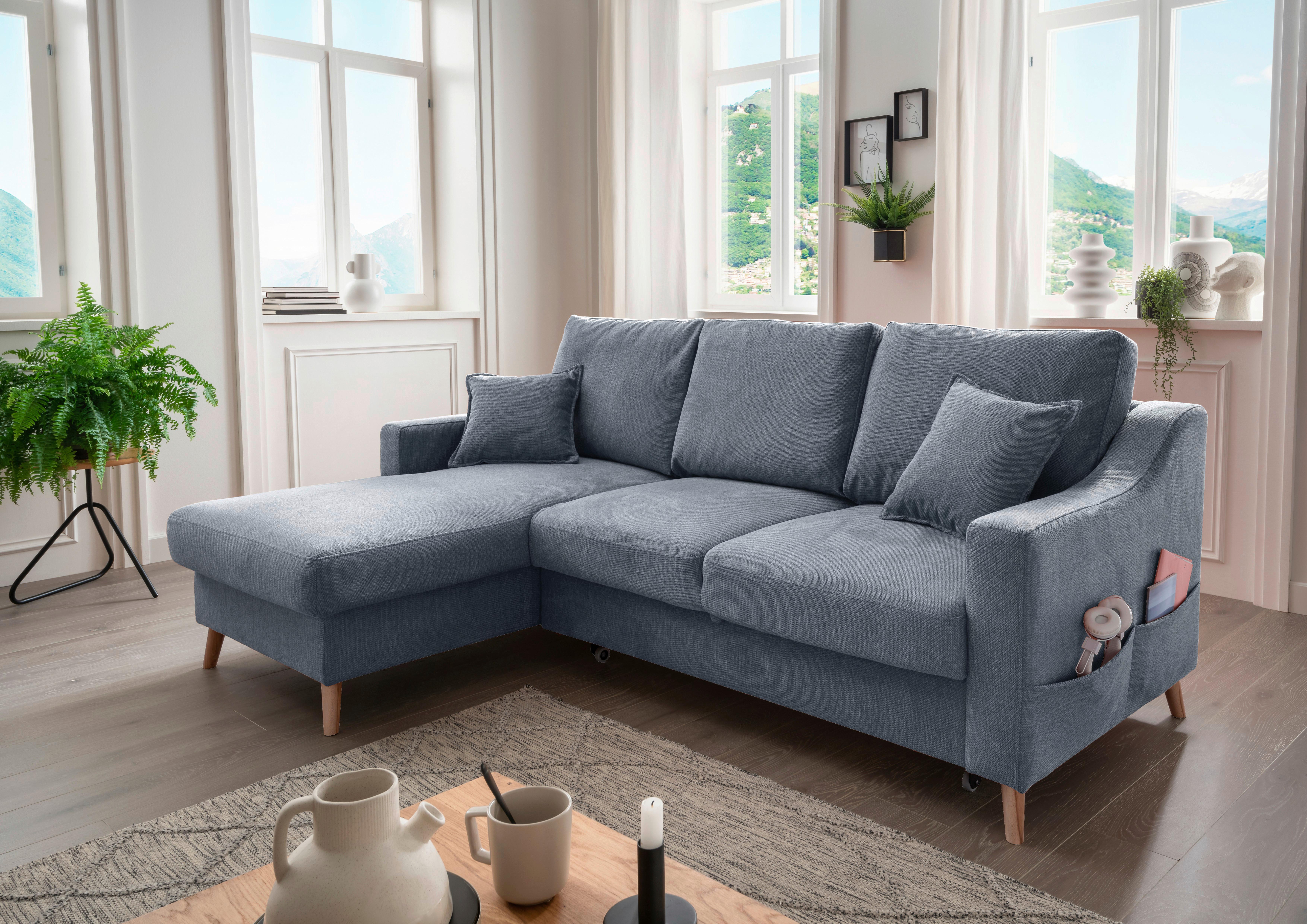 Ecksofa mit Schlaffunktion Valentina mit Kissen Blau - Blau/Naturfarben, KONVENTIONELL, Textil (150/228cm) - P & B