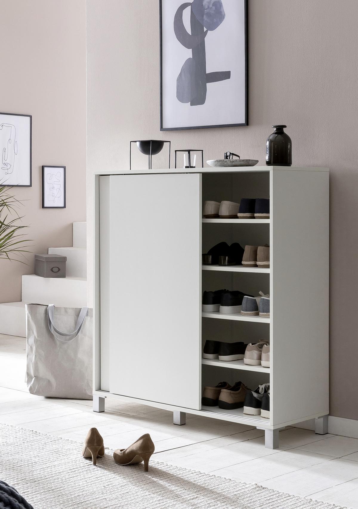 Schuhschrank Weiß 2 Schiebetüren B: 100 Cm - Silberfarben/Weiß, KONVENTIONELL, Holzwerkstoff (100/108/37,5cm) - MID.YOU