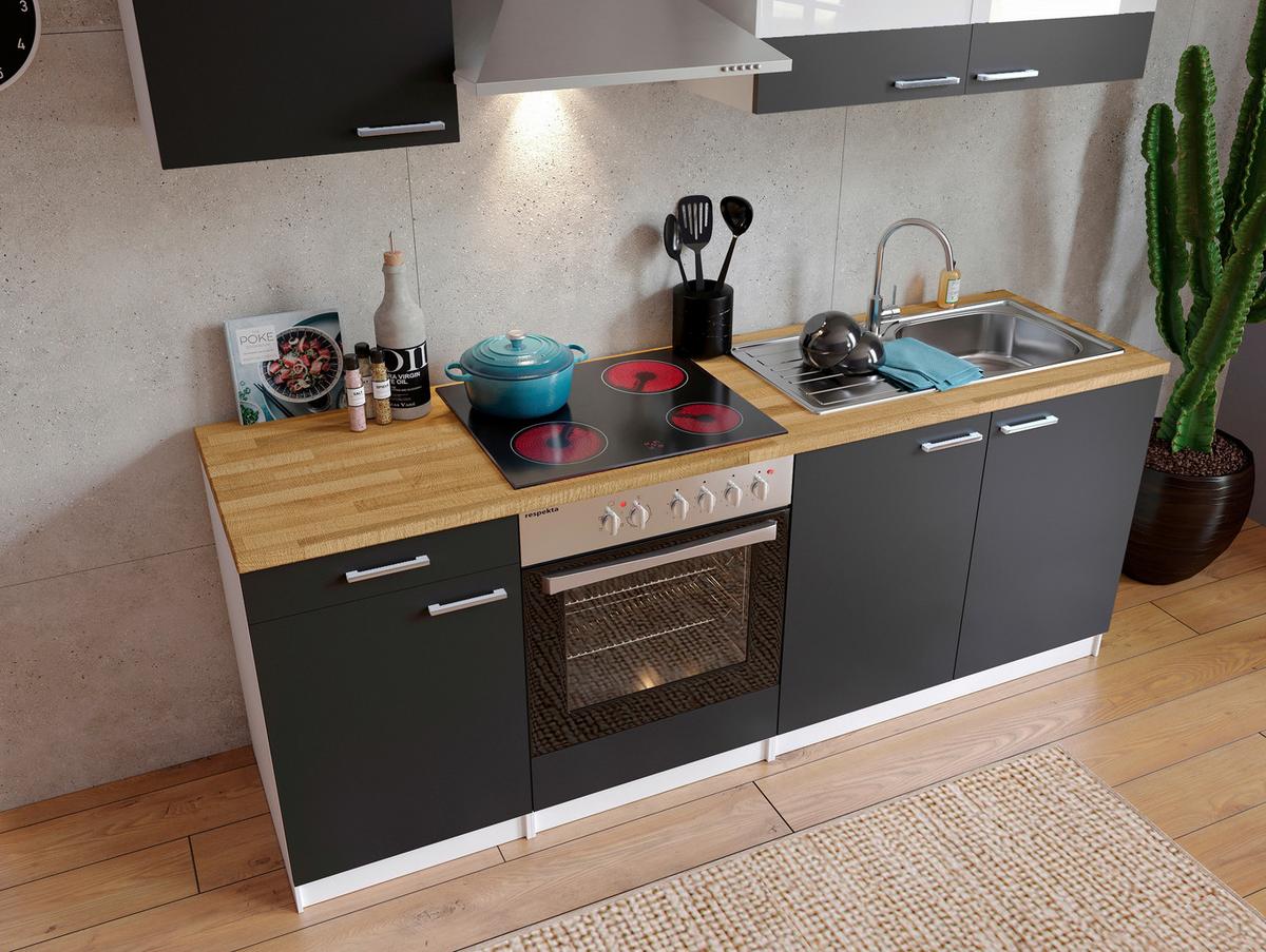 Küchenzeile Economy mit Geräten 210 cm Grau/Nussbaum Dekor - Nussbaumfarben/Weiß, Basics, Holzwerkstoff (210cm) - Respekta