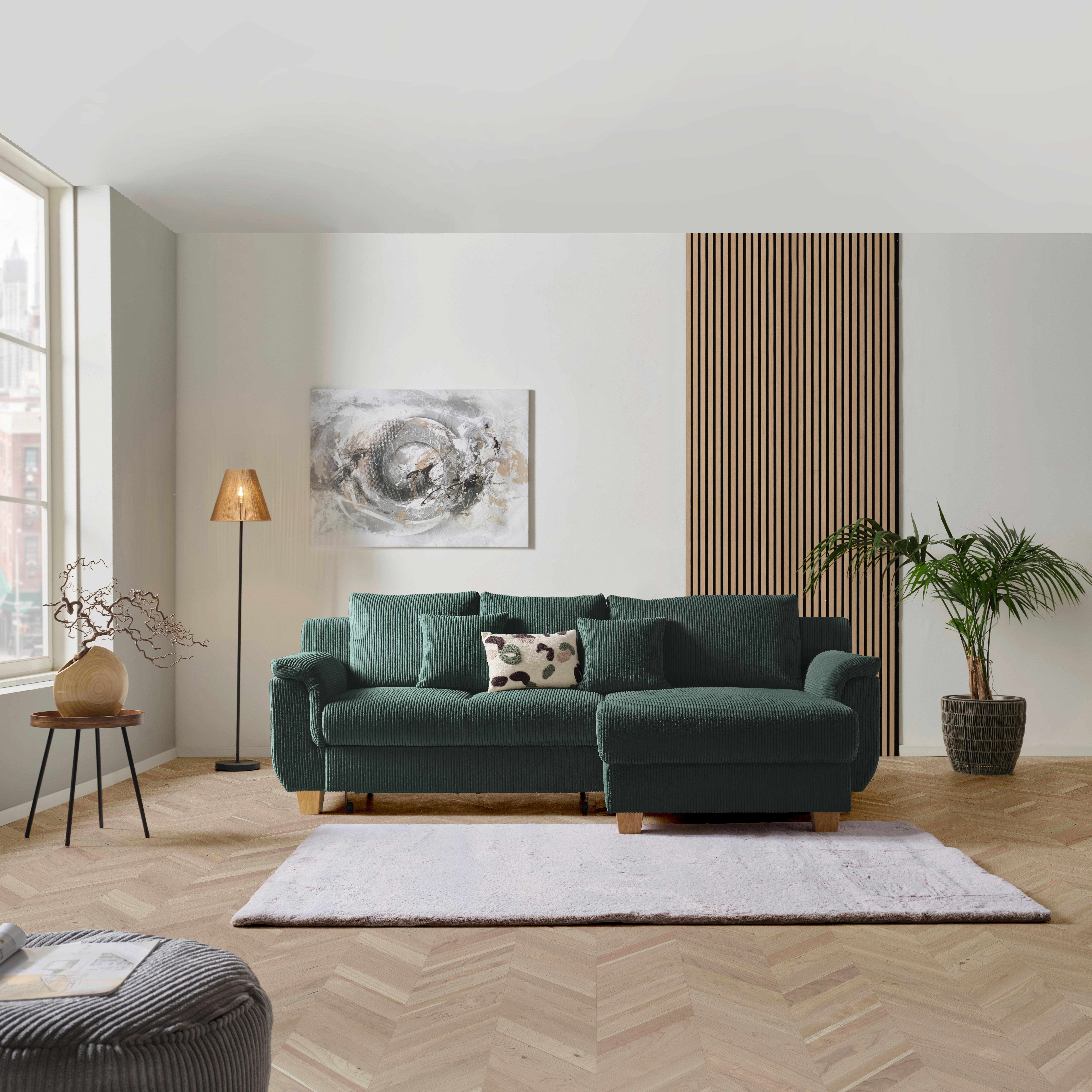 Rohová sedačkla ALEX, zelený manšestr - zelená/přírodní barvy, Moderní, textil/plast (246/88/156cm)