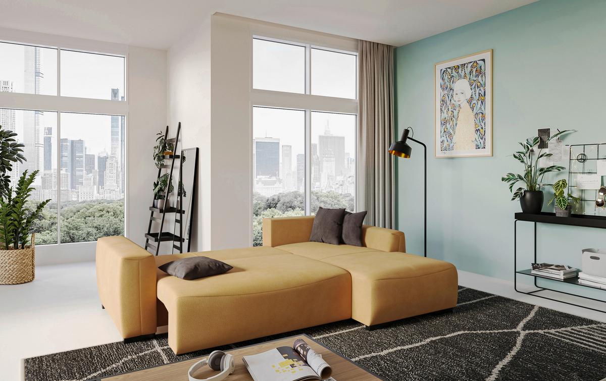 Ecksofa mit Bettfunktion Giro Mikrofaser senfgelb, B: 252cm - Senfgelb/Schwarz, Trend, Textil (252/170cm) - MID.YOU