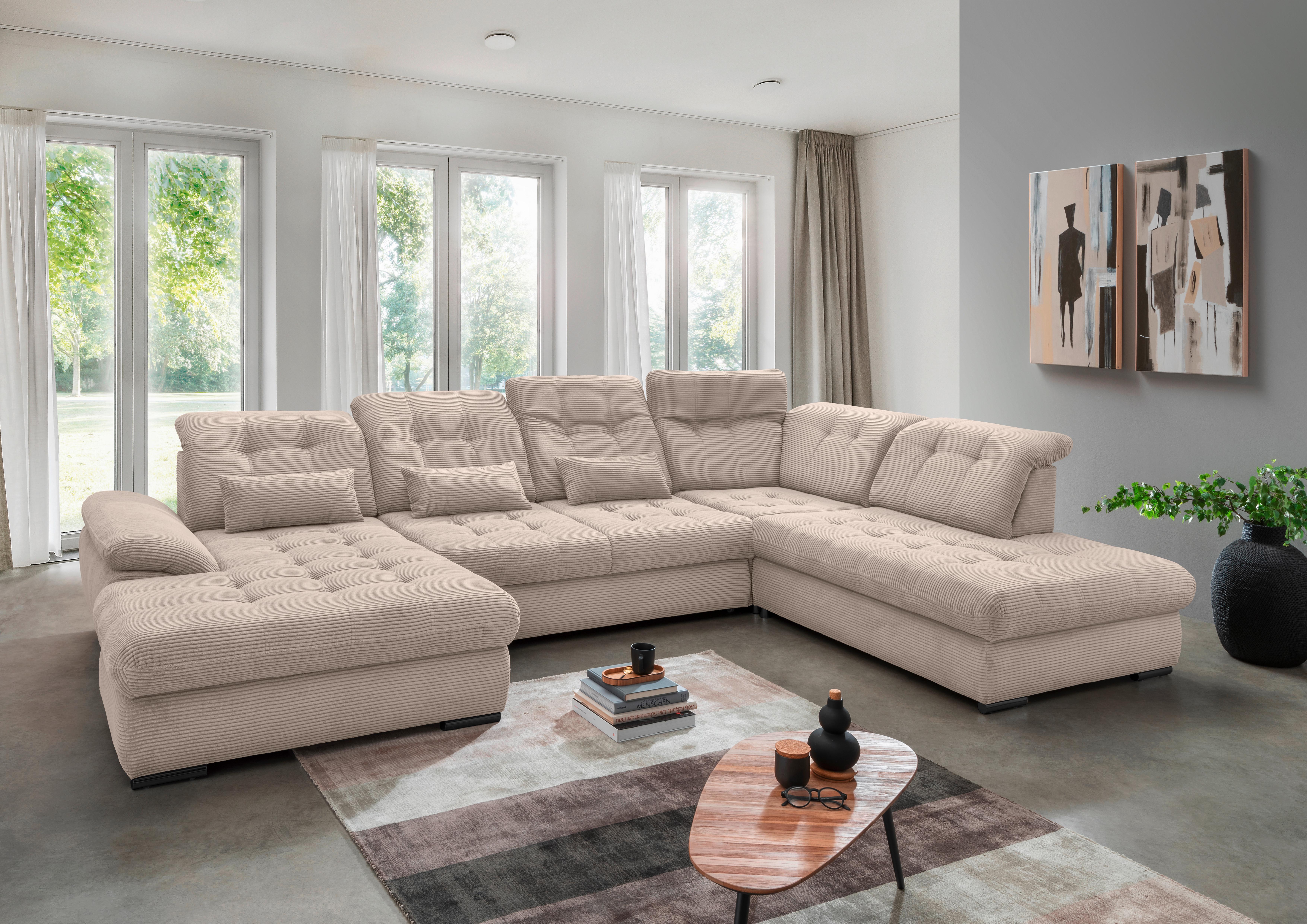 Wohnlandschaft mit Bettkasten Rigatti Beige B: 387 cm - Beige/Schwarz, MODERN, Textil (184/387/252cm) - Livetastic