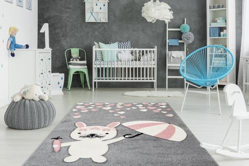 Kindeteppich Hase mit Schirm Grau/Rosa Clermont 80x150 cm - Rosa/Grau, Trend, Kunststoff (80/150cm) - Kayoom