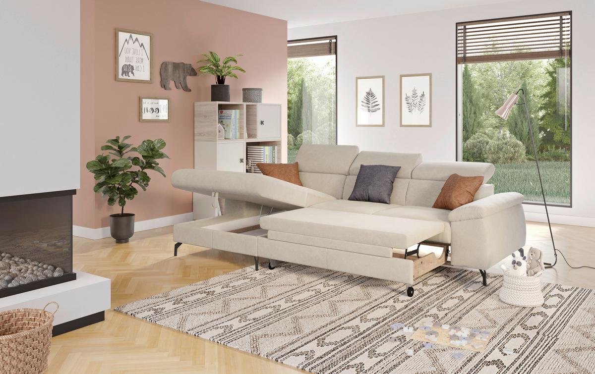 Ecksofa mit Schlaffunktion & Bettkasten Kitty Beige - Beige/Schwarz, Design, Textil (166/244cm) - Livetastic
