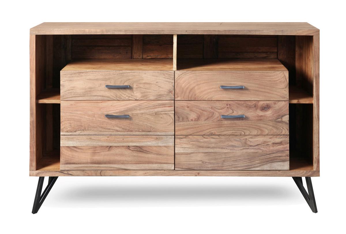 Kommode Indira Akazie Massiv, B: 145 cm - Schwarz/Akaziefarben, ROMANTIK / LANDHAUS, Holz (145/94/40cm)