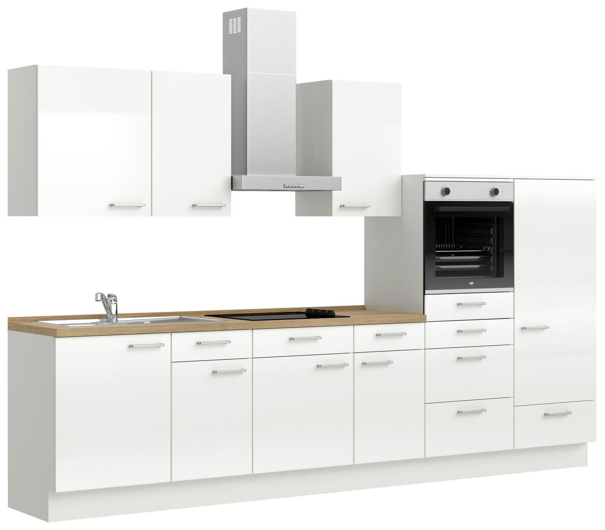 Kuchyňská linka 330 cm, alpská bílá vysoký lesk - barvy dubu/vysoce lesklá bílá, Moderní, kov/kompozitní dřevo (330cm) - Nobilia