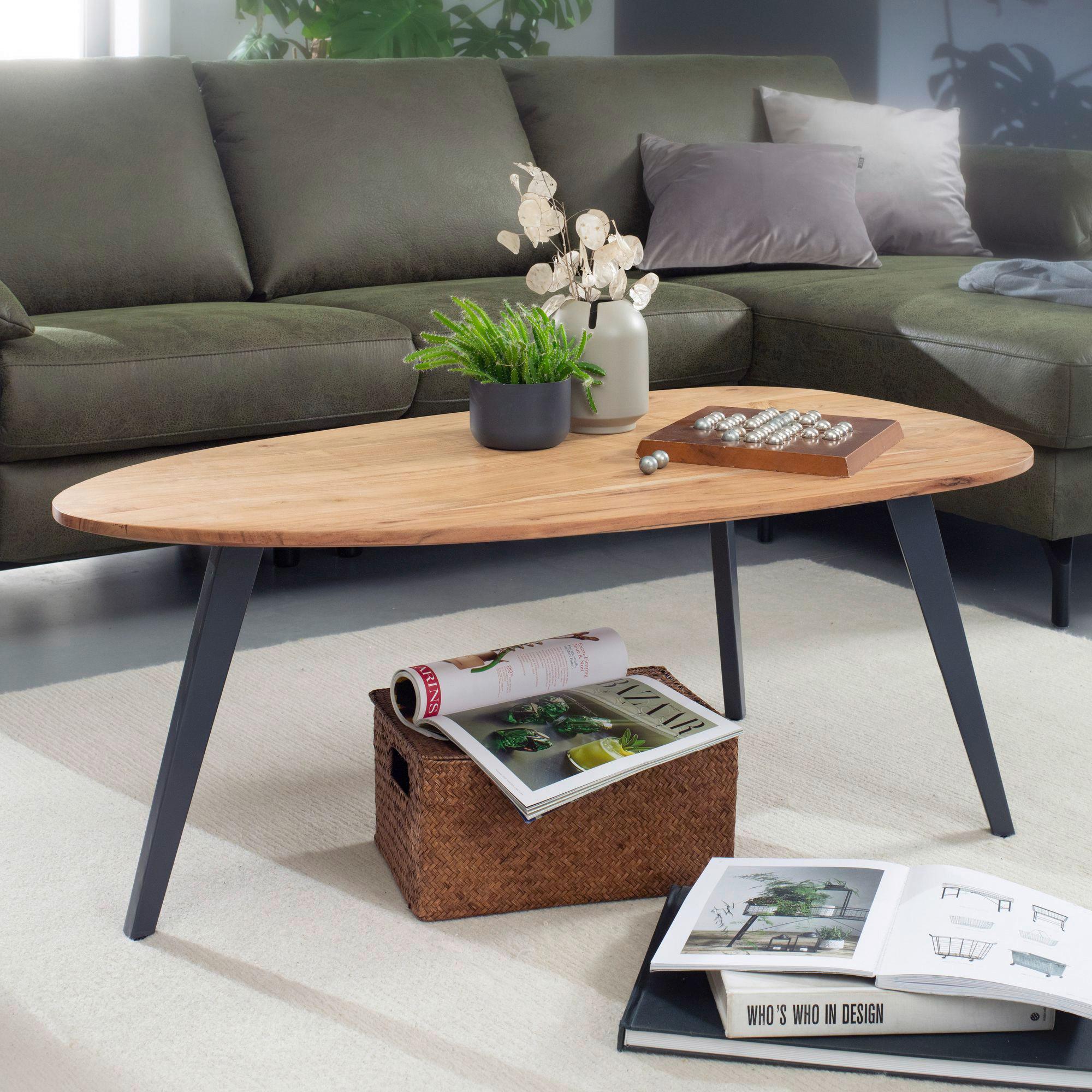 Konferenční stolek Wohnling masív - šedá/barvy akácie, Moderní, kov/dřevo (110/60/45cm) - MID.YOU