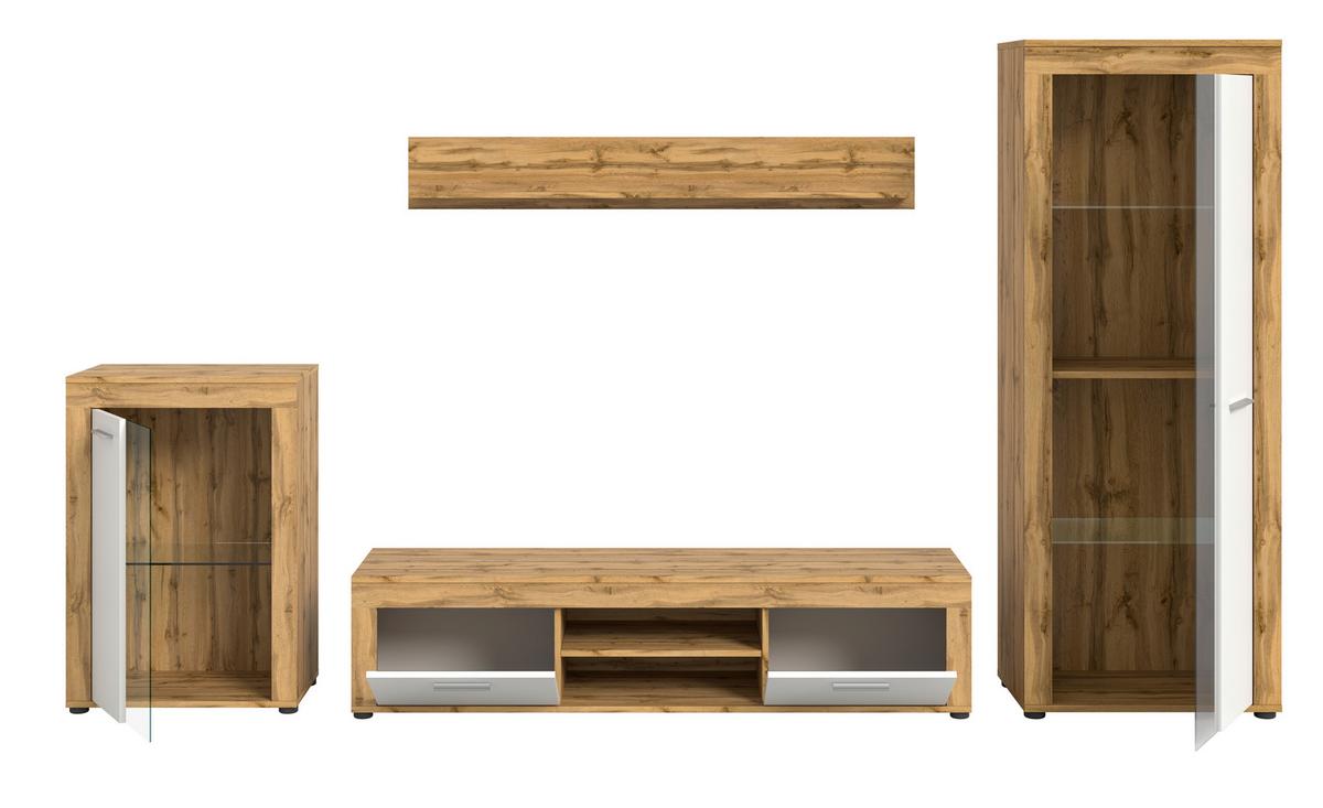 Wohnwand Jam Eiche Wotan Dekor B: 310cm - Eiche Wotan/Schwarz, Design, Glas/Holzwerkstoff (310/169/35cm) - MID.YOU