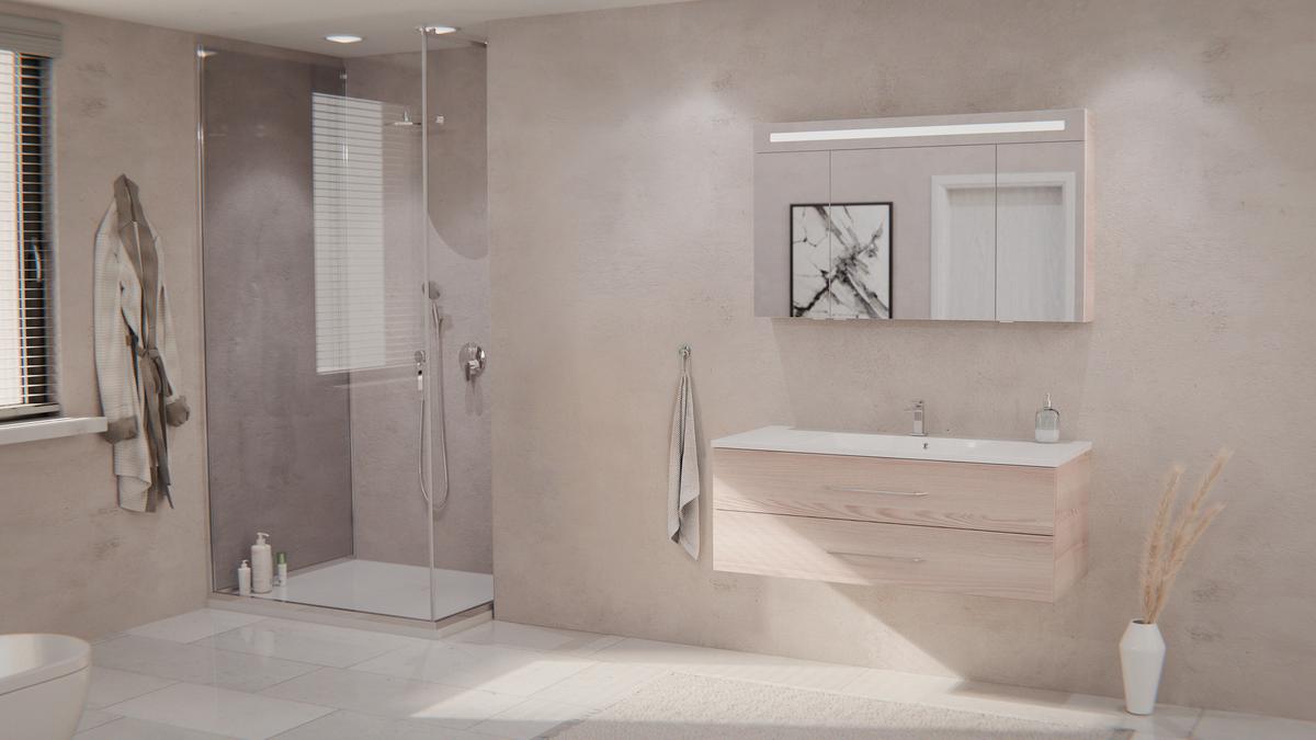 Badezimmer Clever Eschefarben B: 120cm - Eschefarben/Weiß, MODERN, Glas/Holzwerkstoff (120/118,9/45,7cm) - MID.YOU