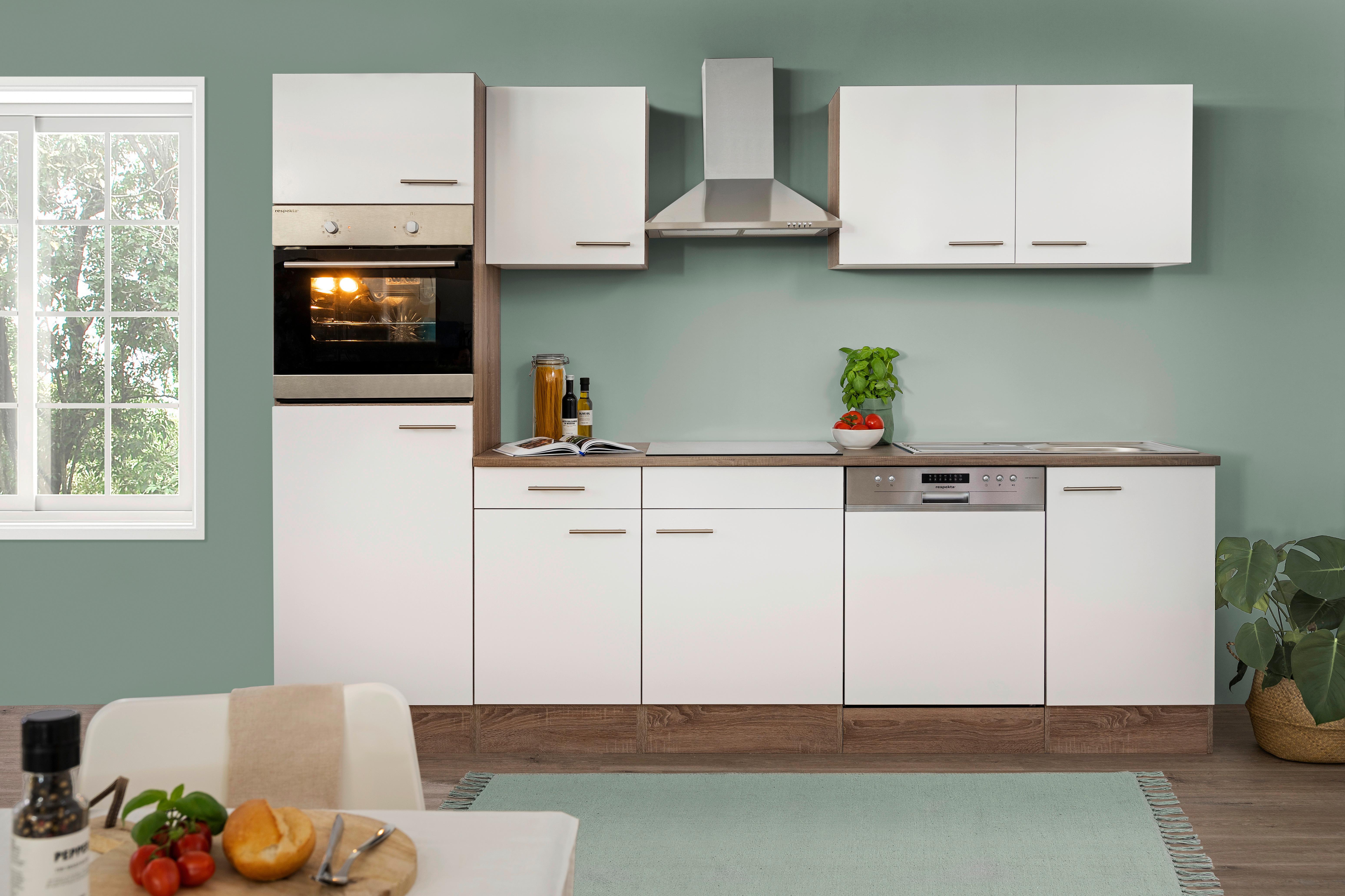 Küchenzeile mit Geräten B: 280 cm Weiß/Eiche Dekor - Eichefarben/Weiß, Design, Holzwerkstoff (280cm) - Respekta