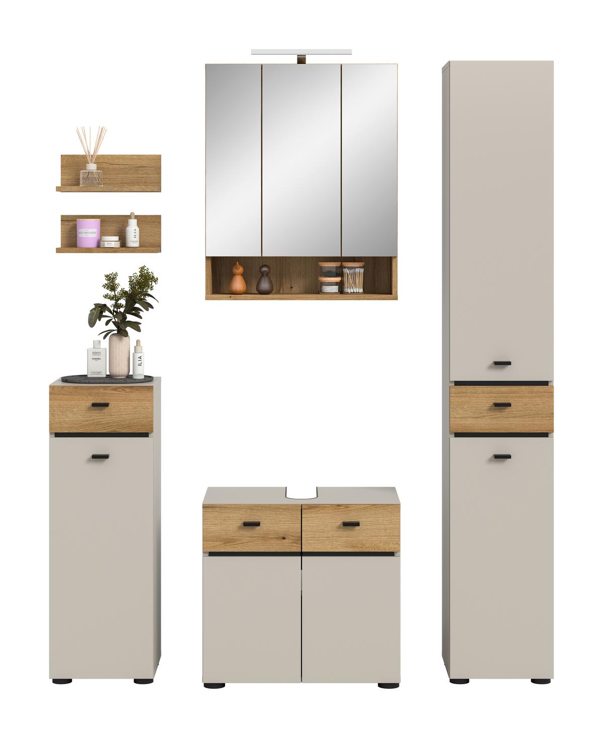 Badezimmer Aqua Kaschmir/Eichefarben B: 124cm - Kaschmir/Eichefarben, Trend, Glas/Holzwerkstoff (124cm) - MID.YOU