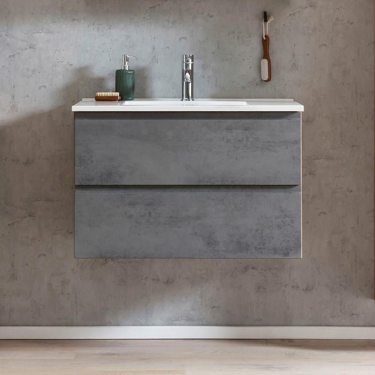 Waschbecken Mit Unterschrank Varese B: 80 Cm Grau/eiche - Eiche Wotan/Weiß, MODERN, Holzwerkstoff/Stein (80cm) - Held
