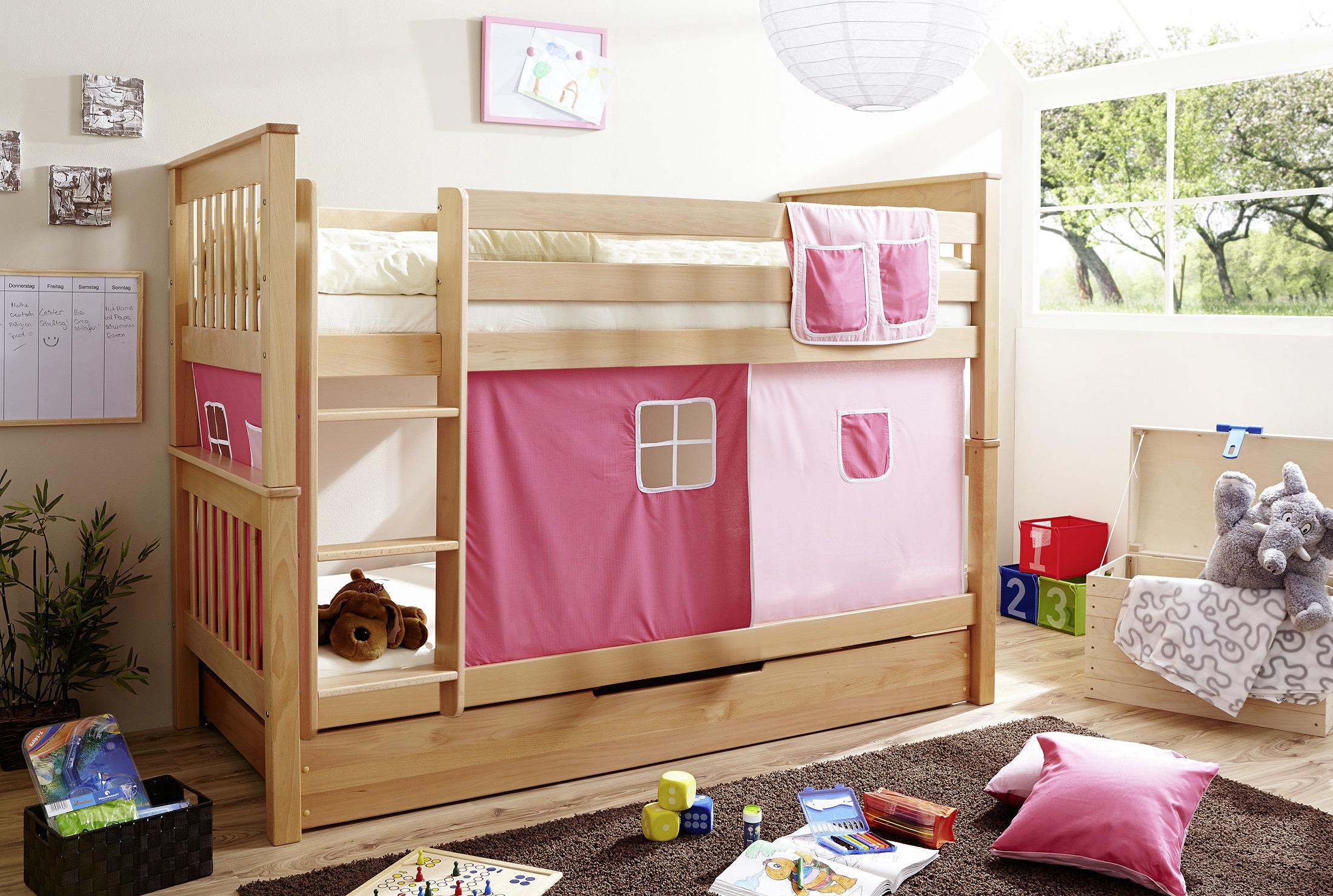 Patrová Postel Růžový Závěs Sammy 90x200 Přírodní - růžová/světle růžová, Moderní, dřevo (90/200cm) - MID.YOU