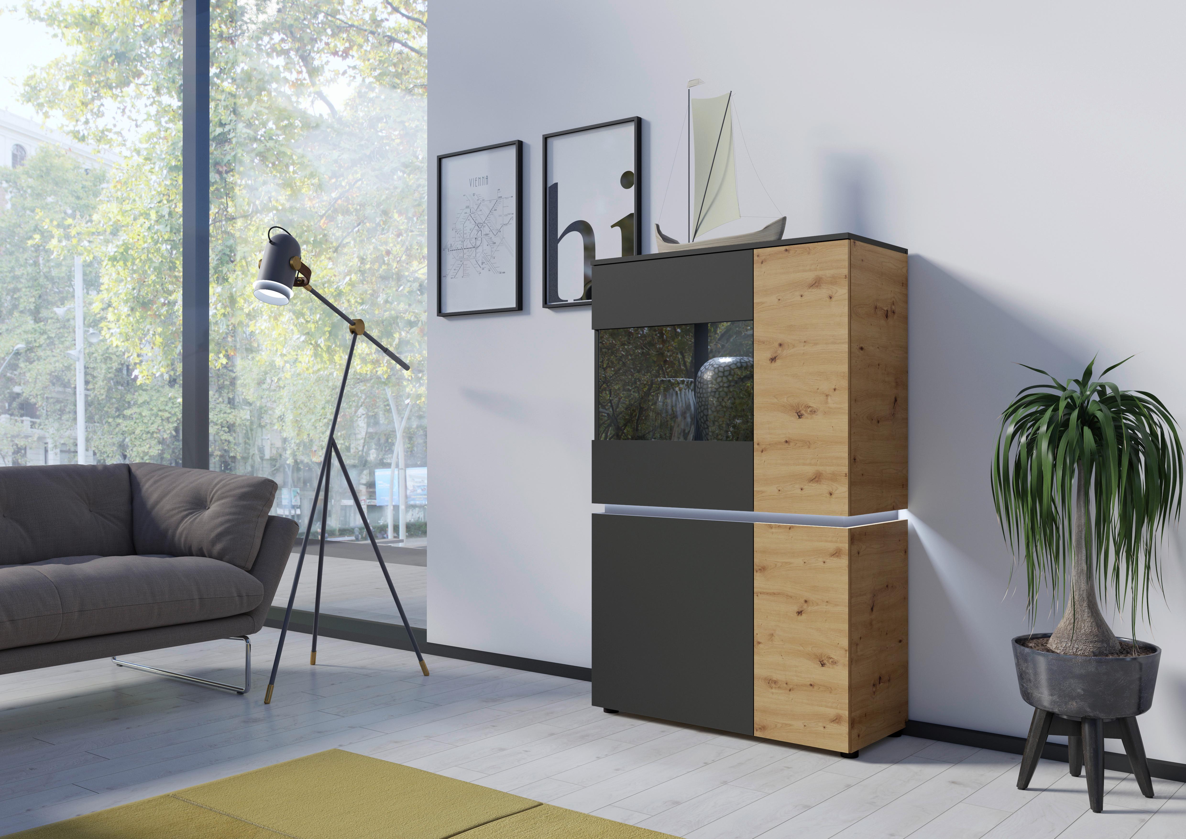 Vitrine Luci Grau Eiche Artisan/grau B: 90,4 Cm - Schwarz/Eiche Artisan, Trend, Glas/Holzwerkstoff (90,4/146/40cm) - MID.YOU