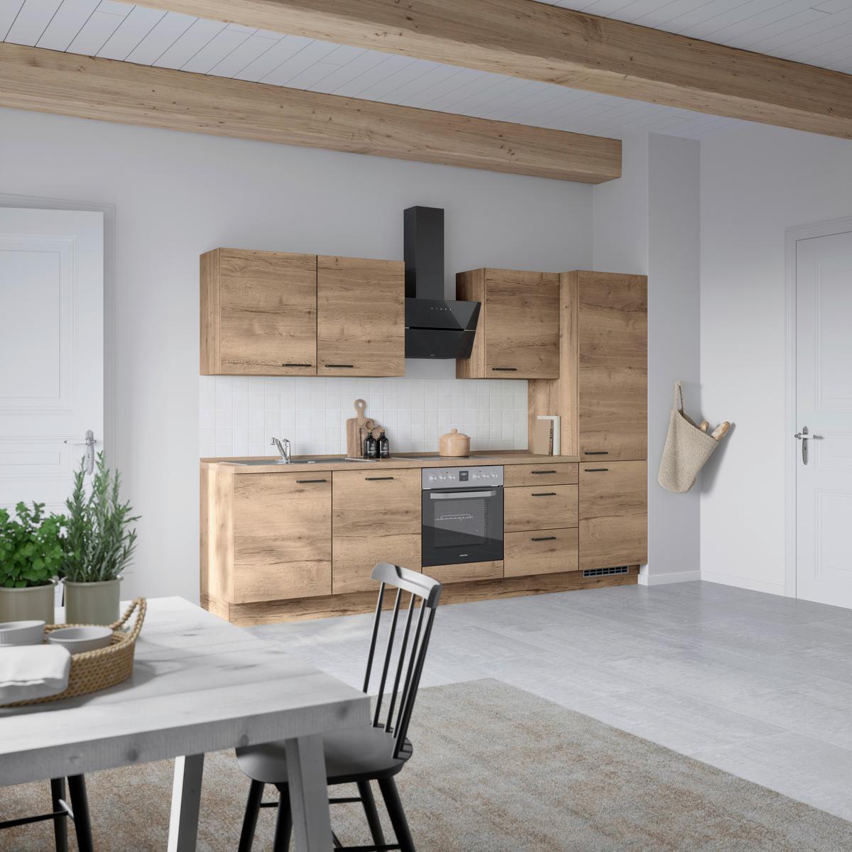 Kuchyňská linka 300 cm, dekor dub Havanna - černá/tmavý dub, Moderní, kov/kompozitní dřevo (300cm) - Nobilia